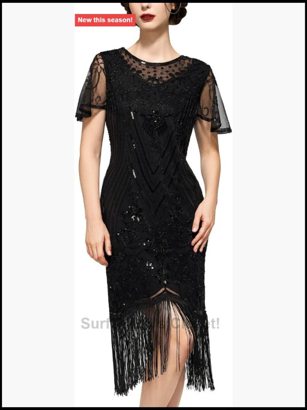 1920s Flapper Dress for Women, Mesh Fringe Gatsby Dress Short Sleeve Cocktail